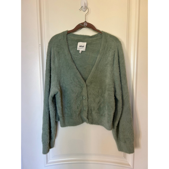 Women's Aerie Green Fuzzy Cropped Cardigan XL - Picture 2 of 9